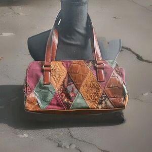 Vintage Fossil Diamond Patchwork Tooled Leather ShoulderBag Purse Zb7029